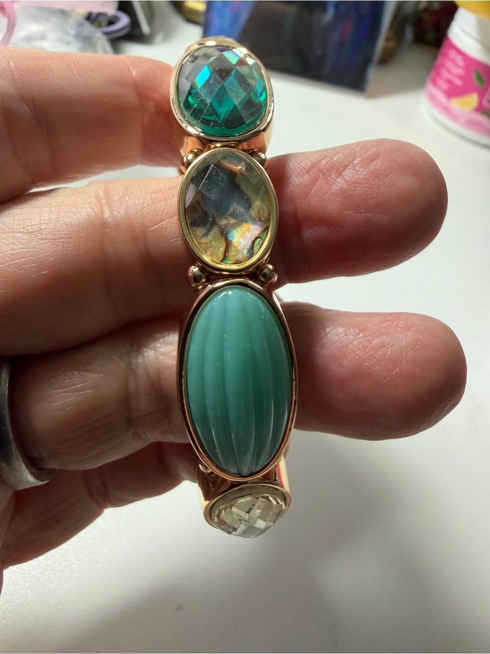 Gold-Tone Multi-Stone Green Cabochon Statement Bracelet BNWT